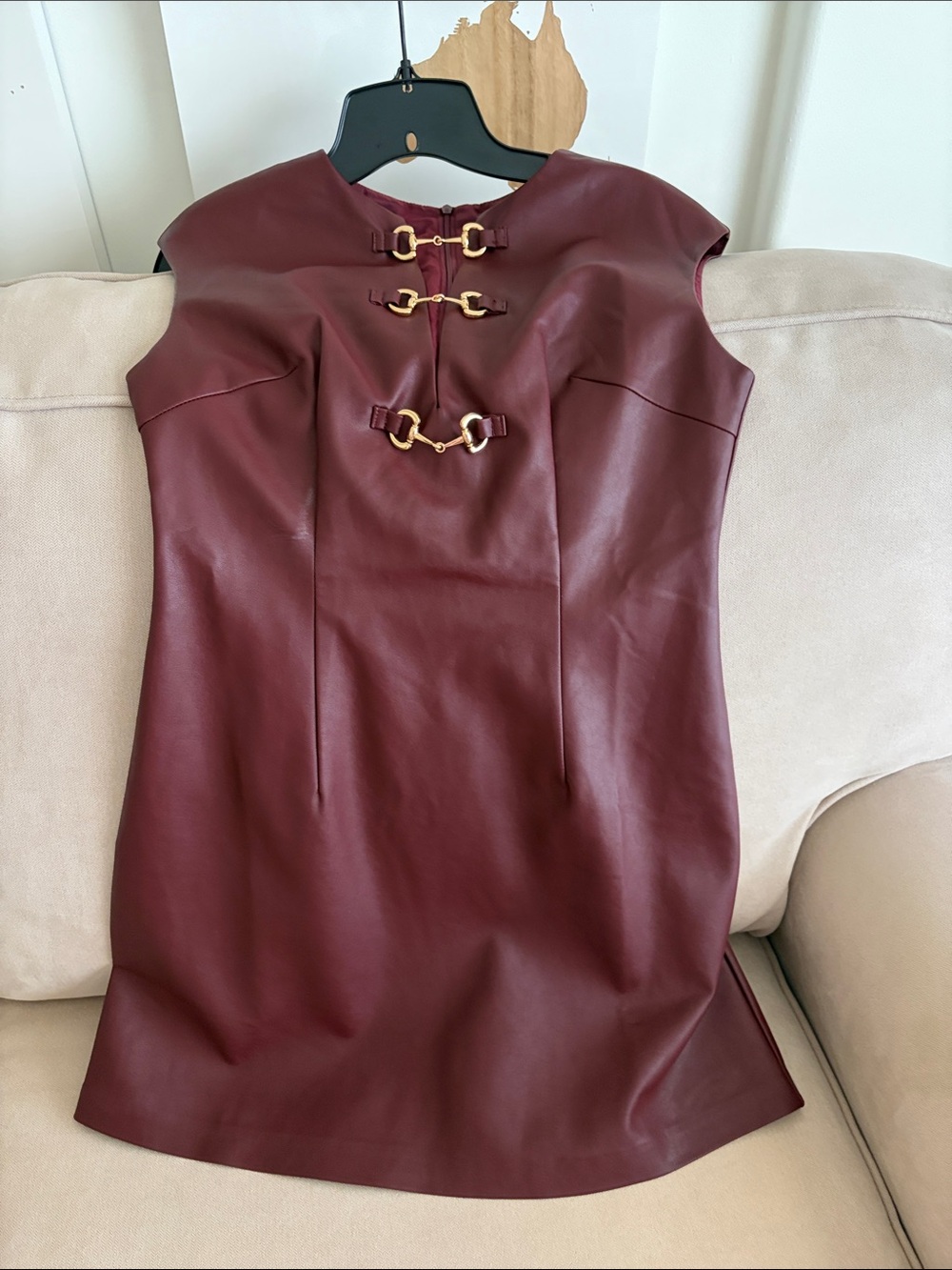 Women's Burgundy Mini Dress with Gold Buckle Accents